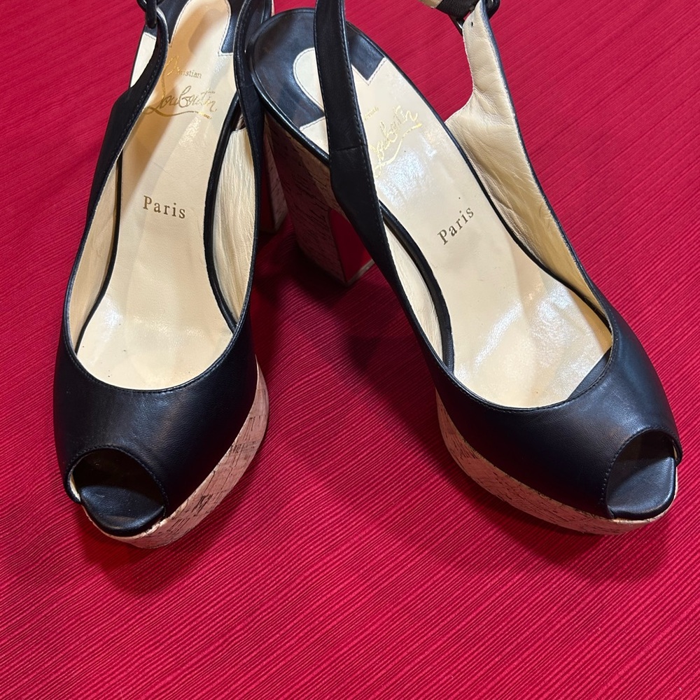 Pre-Owned Christian Louboutin Black Leather Platform Slingbacks Size 10